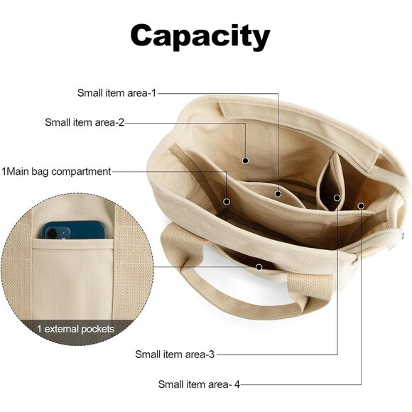 Women's Khaki Canvas Tote Bag With Multi Pockets Mini Shoulder Bags With Zipper - Picture 4 of 6